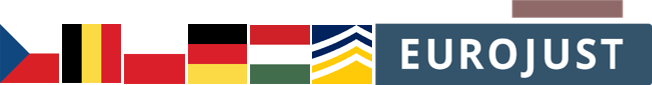 Flags of Czech Republic, Belgium, Poland, Germany and Hungary and logos of Europol and  Eurojust